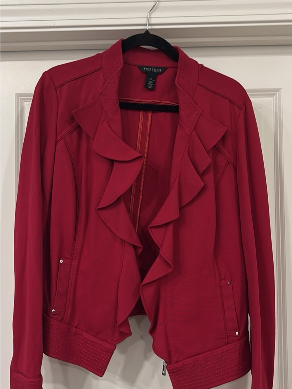 White House Black Market Red Ruffle Open-Front Blazer